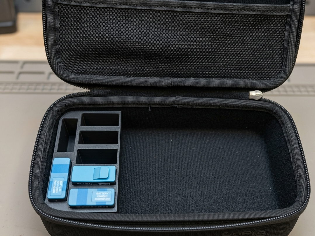 Black carrying case with compartments for small electronic devices on a light surface.