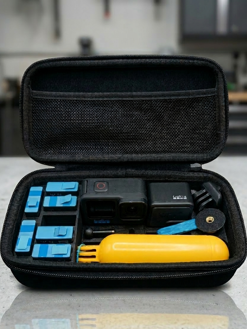 Black carrying case with electronic devices and tools on a reflective surface