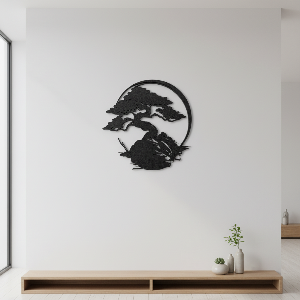 3D Bonsai Tree Wall Art mounted on wall showing matte black texture and circular frame